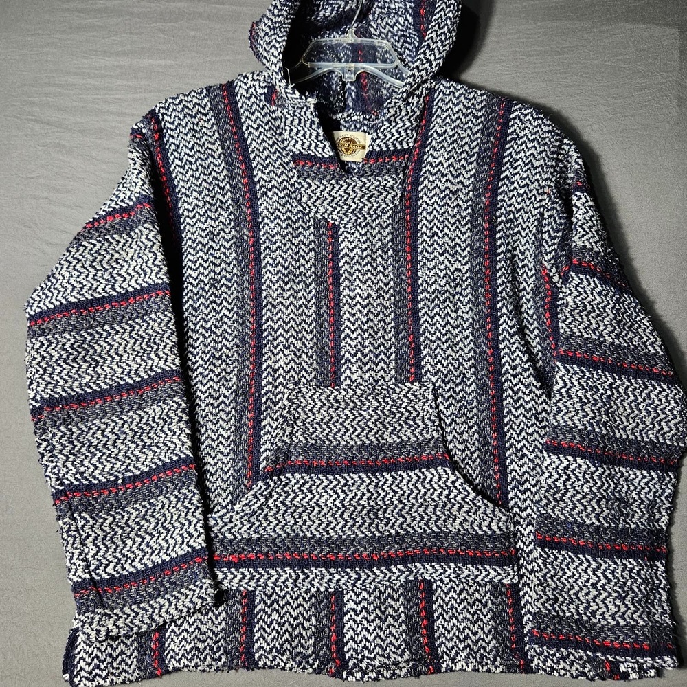 Earth Ragz Baja Hoodie Mexican Drug Rug Pullover Unisex Small Navy White Red